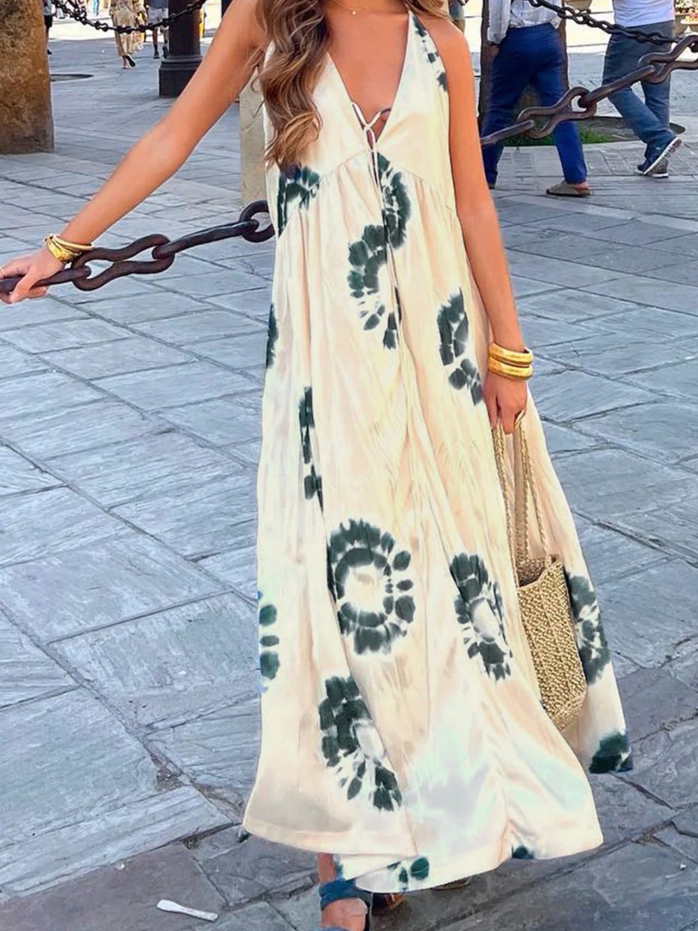 NWT Commense Cream Maxi Dress with Dark Green Tie-Dye